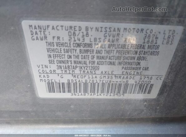 3N1AB7AP1KY213909 2019 NISSAN SENTRA Gray Vista del compartimento del motor