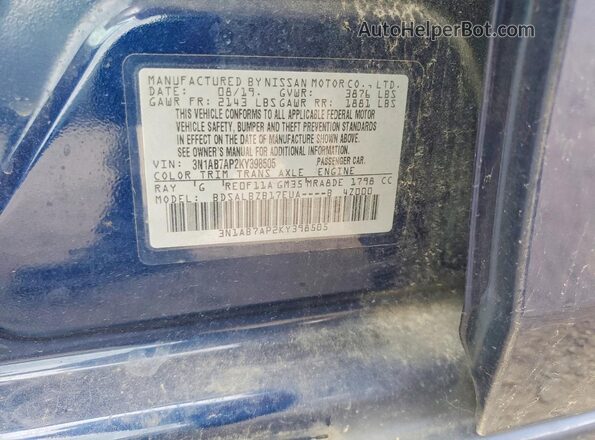 3N1AB7AP2KY398505 2019 NISSAN SENTRA Blue Շարժիչի բաժամունքի տեսք