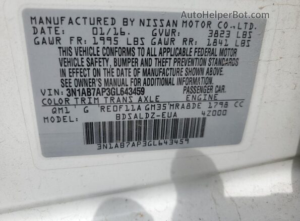 3N1AB7AP3GL643459 2016 NISSAN SENTRA White Vista de la etiqueta del VIN