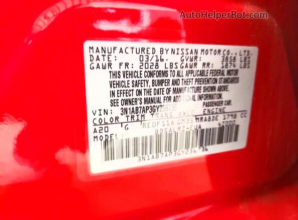3N1AB7AP3GY256736 2016 NISSAN SENTRA Red Вид наклейки з VIN-кодом