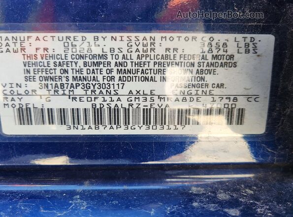 3N1AB7AP3GY303117 2016 NISSAN SENTRA Blue Vista del compartimento del motor