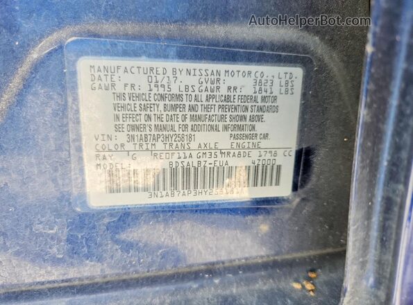 3N1AB7AP3HY258181 2017 NISSAN SENTRA Blue Vista de la etiqueta del VIN