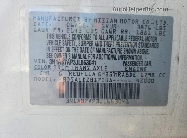 3N1AB7AP3JL663041 2018 NISSAN SENTRA White VIN sticker view