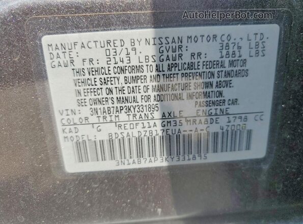 3N1AB7AP3KY331895 2019 NISSAN SENTRA Gray Widok naklejki z numerem VIN
