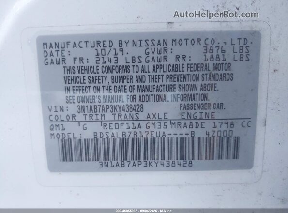 3N1AB7AP3KY438428 2019 NISSAN SENTRA White Widok komory silnika