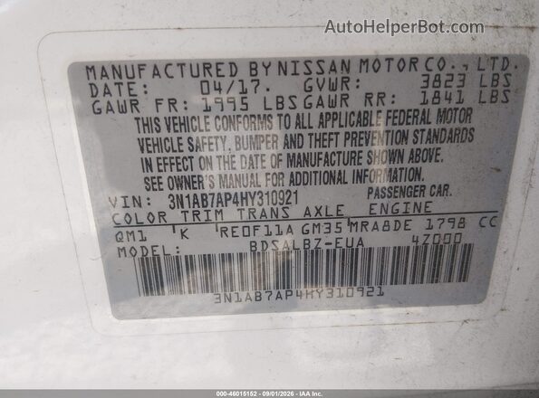 3N1AB7AP4HY310921 2017 NISSAN SENTRA White Vista del compartimento del motor