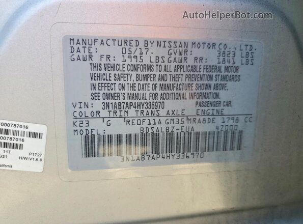 3N1AB7AP4HY336970 2017 NISSAN SENTRA Silver VIN კოდის სტიკერის ხედი