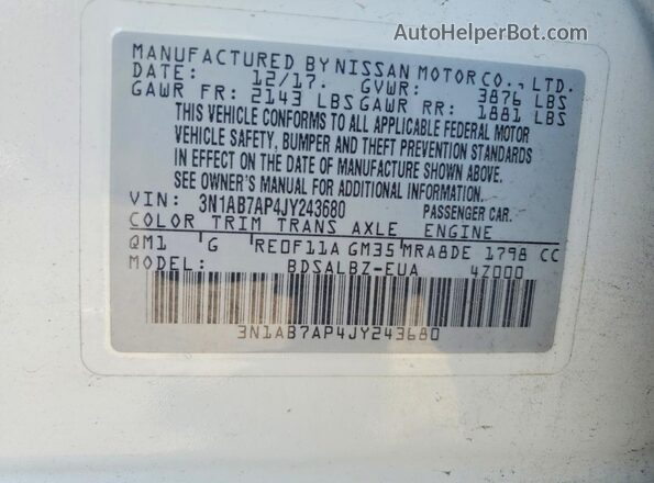 3N1AB7AP4JY243680 2018 NISSAN SENTRA White Շարժիչի բաժամունքի տեսք