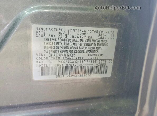 3N1AB7AP4JY323092 2018 NISSAN SENTRA Gray VIN sticker view