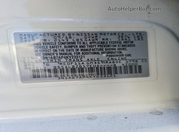 3N1AB7AP4KY233121 2019 NISSAN SENTRA White Engine compartment view