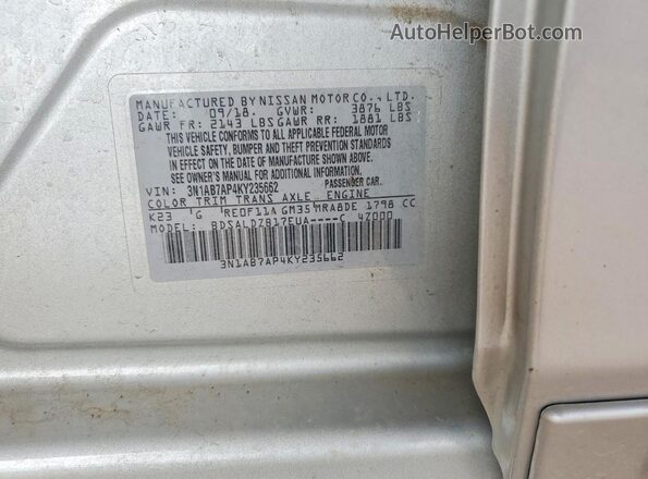 3N1AB7AP4KY235662 2019 NISSAN SENTRA Silver Vista de la etiqueta del VIN