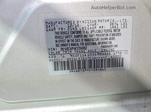 3N1AB7AP4KY284862 2019 NISSAN SENTRA Silver Շարժիչի բաժամունքի տեսք