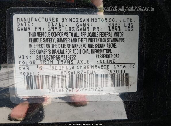 3N1AB7AP5GY219722 2016 NISSAN SENTRA Черный Вид подкапотного пространства