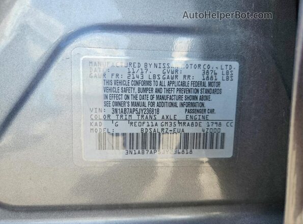 3N1AB7AP5JY236818 2018 NISSAN SENTRA Gray VIN կոդի պիտակի տեսք