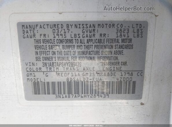 3N1AB7AP6HY289439 2017 NISSAN SENTRA White Вид підкапотного простору