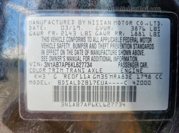 3N1AB7AP6KL627734 2019 NISSAN SENTRA Black Widok naklejki z numerem VIN