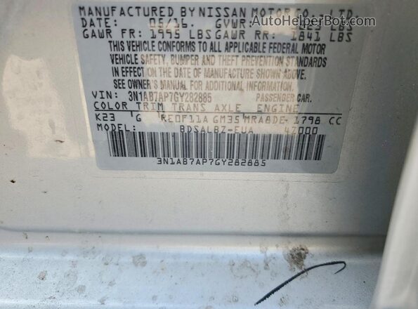 3N1AB7AP7GY282885 2016 NISSAN SENTRA Silver Вид наклейки з VIN-кодом