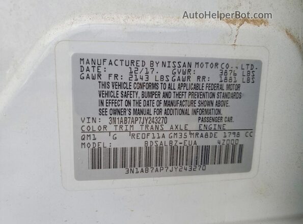 3N1AB7AP7JY243270 2018 NISSAN SENTRA White Widok komory silnika