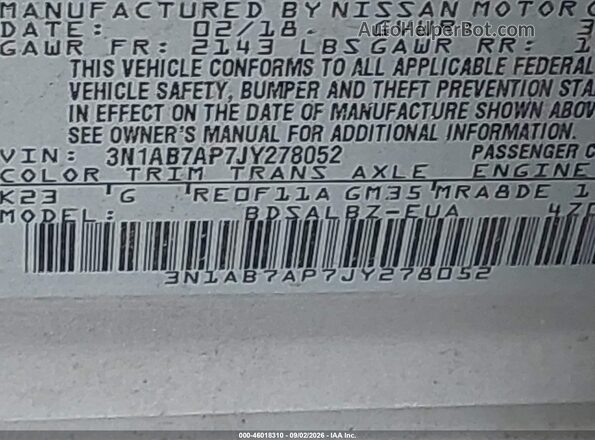 3N1AB7AP7JY278052 2018 NISSAN SENTRA Серебряный Вид подкапотного пространства