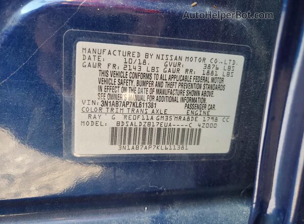 3N1AB7AP7KL611381 2019 NISSAN SENTRA Синий Вид подкапотного пространства