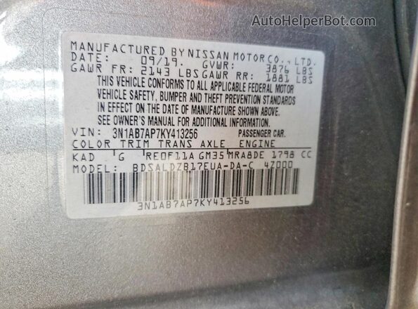 3N1AB7AP7KY413256 2019 NISSAN SENTRA Silver Вид наклейки з VIN-кодом