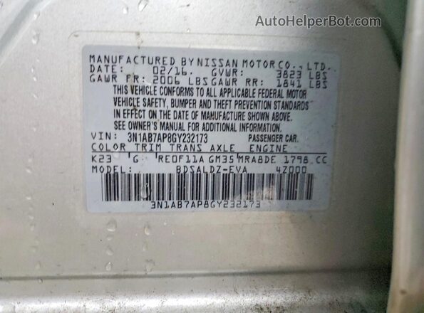 3N1AB7AP8GY232173 2016 NISSAN SENTRA Silver ძრავის განყოფილების ხედი