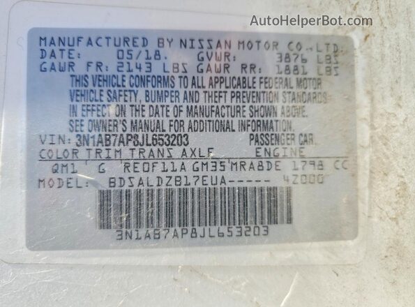 3N1AB7AP8JL653203 2018 NISSAN SENTRA White Engine compartment view