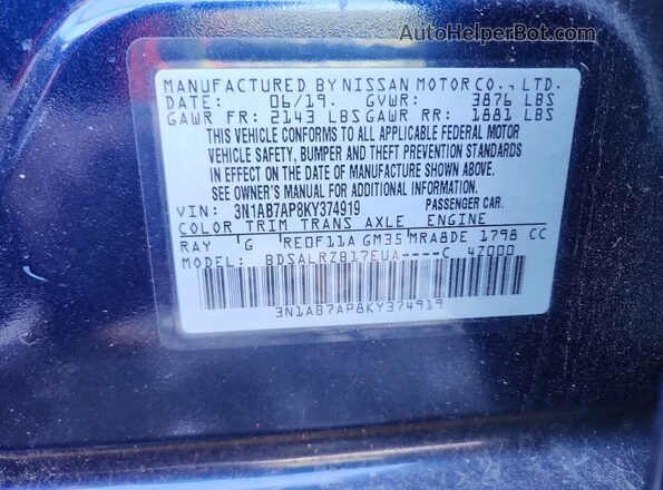 3N1AB7AP8KY374919 2019 NISSAN SENTRA Blue Вид підкапотного простору