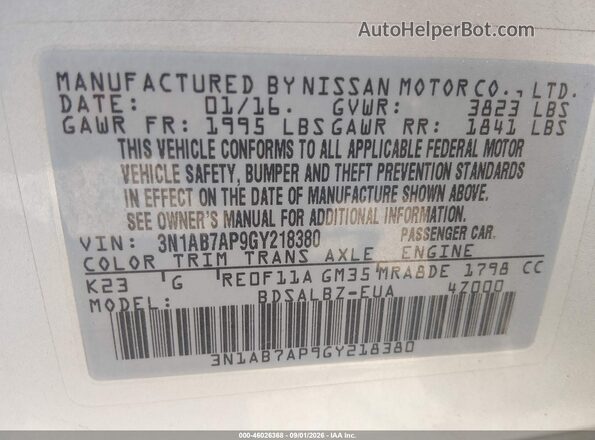 3N1AB7AP9GY218380 2016 NISSAN SENTRA Серый Вид наклейки с VIN-кодом