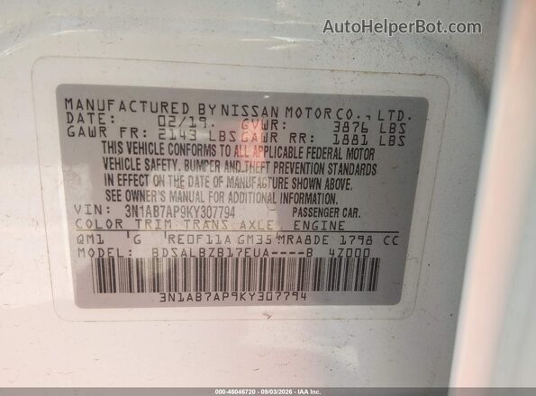 3N1AB7AP9KY307794 2019 NISSAN SENTRA White ძრავის განყოფილების ხედი