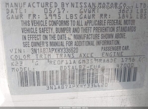 3N1AB7APXHY336620 2017 NISSAN SENTRA Silver Շարժիչի բաժամունքի տեսք