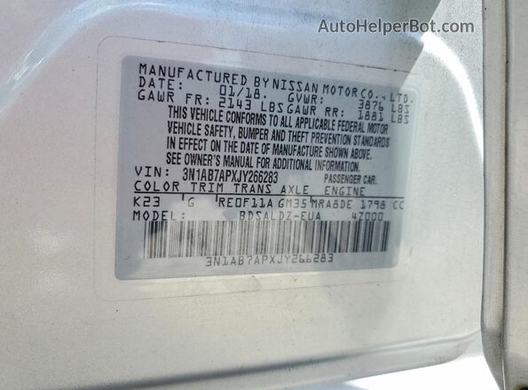 3N1AB7APXJY266283 2018 NISSAN SENTRA Silver Vista de la etiqueta del VIN