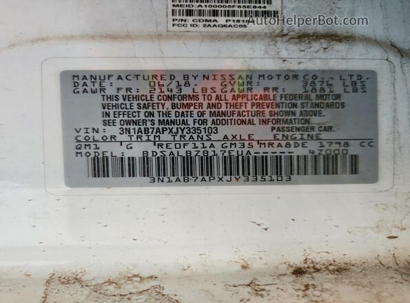 3N1AB7APXJY335103 2018 NISSAN SENTRA White Вид підкапотного простору