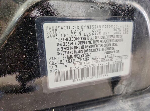 3N1AB7APXKY305441 2019 NISSAN SENTRA Black Widok naklejki z numerem VIN