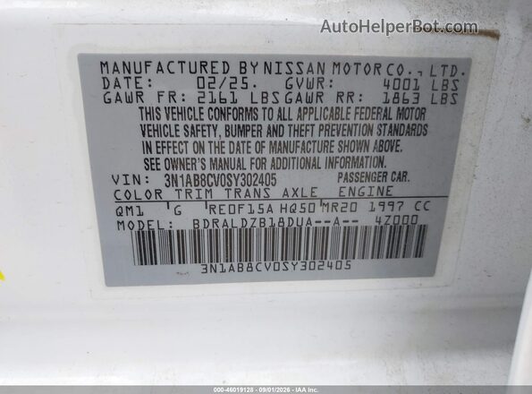 3N1AB8CV0SY302405 2025 NISSAN SENTRA White Вид підкапотного простору