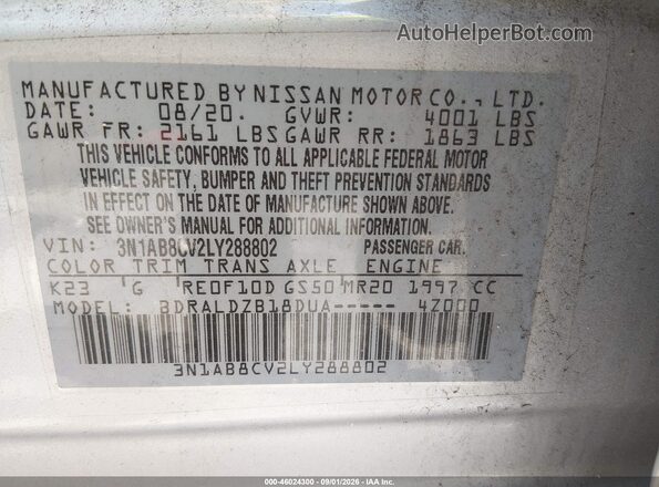 3N1AB8CV2LY288802 2020 NISSAN SENTRA Silver Շարժիչի բաժամունքի տեսք