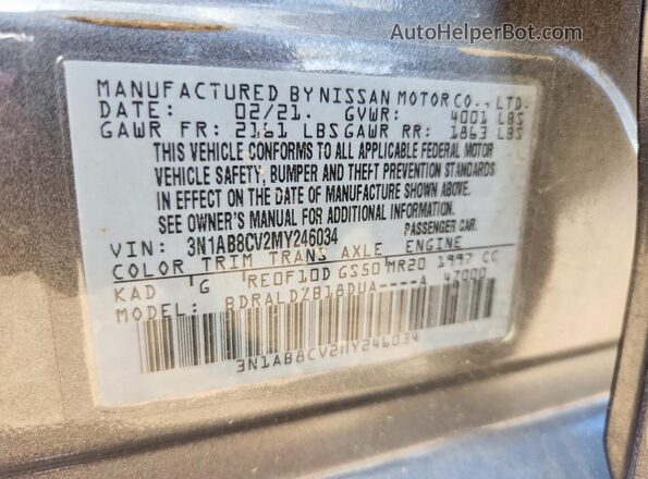 3N1AB8CV2MY246034 2021 NISSAN SENTRA Gray VIN կոդի պիտակի տեսք