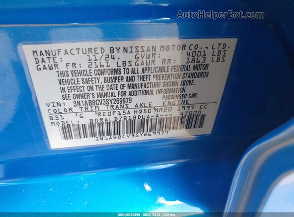 3N1AB8CV3SY269979 2025 NISSAN SENTRA Blue Engine compartment view