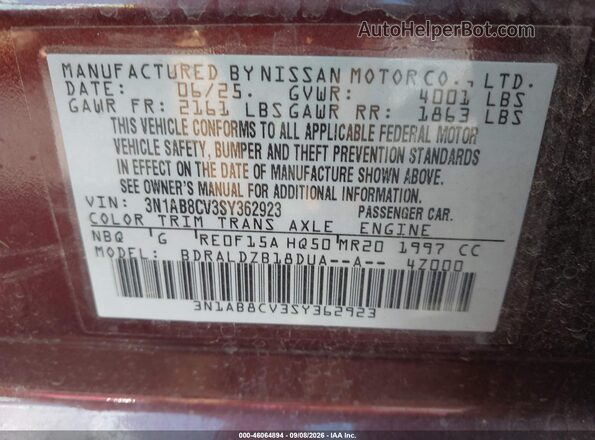 3N1AB8CV3SY362923 2025 NISSAN SENTRA Burgundy Vista del compartimento del motor
