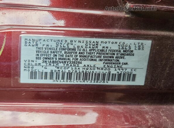 3N1AB8CV4RY338284 2024 NISSAN SENTRA Burgundy Vista de la etiqueta del VIN