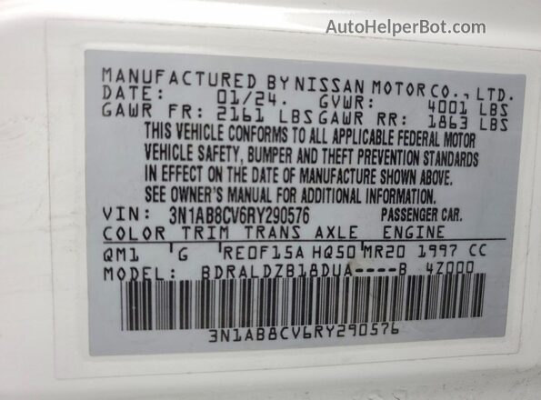 3N1AB8CV6RY290576 2024 NISSAN SENTRA White Widok naklejki z numerem VIN