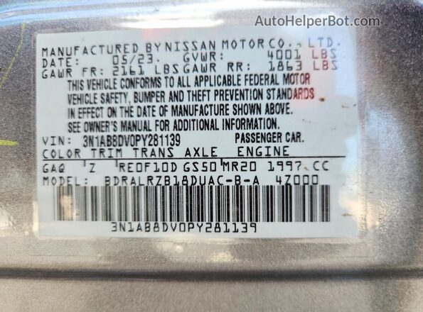 3N1AB8DV0PY281139 2023 NISSAN SENTRA Gray ძრავის განყოფილების ხედი