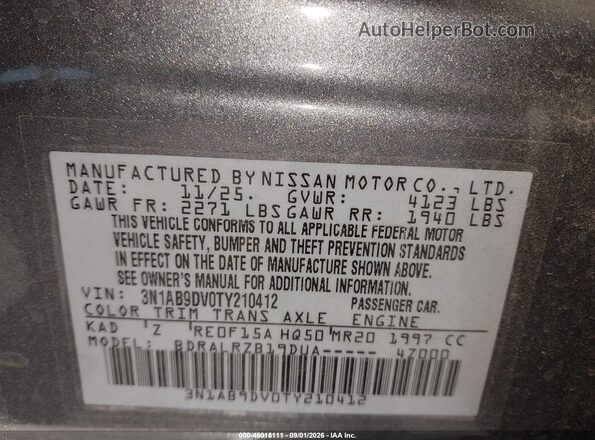 3N1AB9DV0TY210412 2026 NISSAN SENTRA Gray ძრავის განყოფილების ხედი