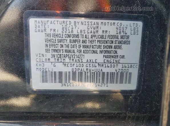 3N1CB7AP6JY214271 2018 NISSAN SENTRA Black ძრავის განყოფილების ხედი