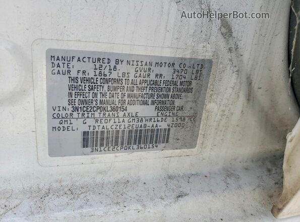 3N1CE2CP0KL360154 2019 NISSAN VERSA White Vista del compartimento del motor
