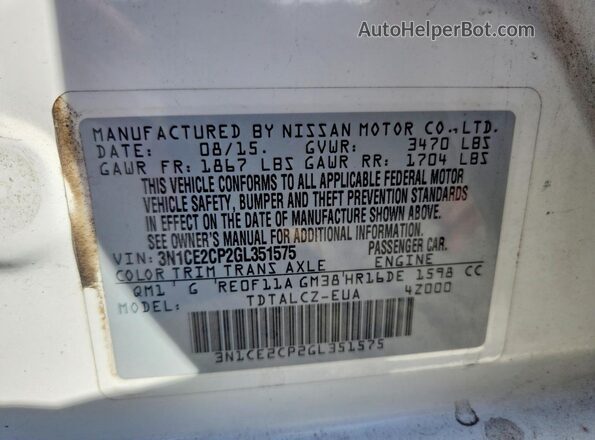 3N1CE2CP2GL351575 2016 NISSAN VERSA White Вид підкапотного простору