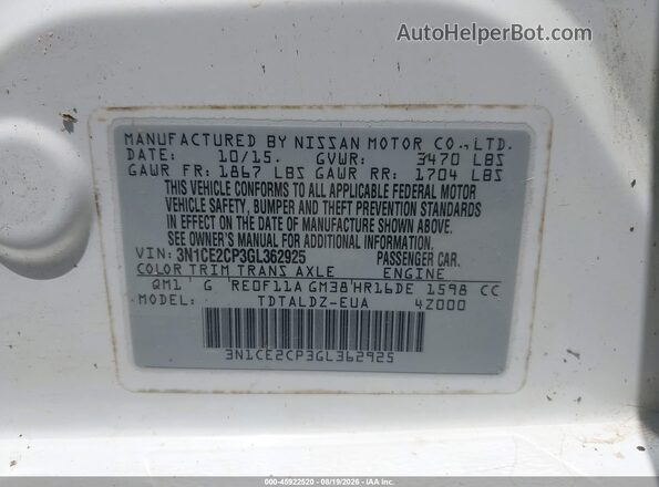 3N1CE2CP3GL362925 2016 NISSAN VERSA NOTE White ძრავის განყოფილების ხედი