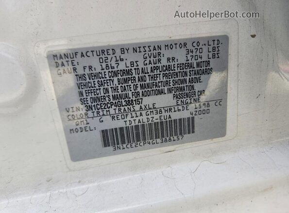 3N1CE2CP4GL388157 2016 NISSAN VERSA Белый Вид подкапотного пространства