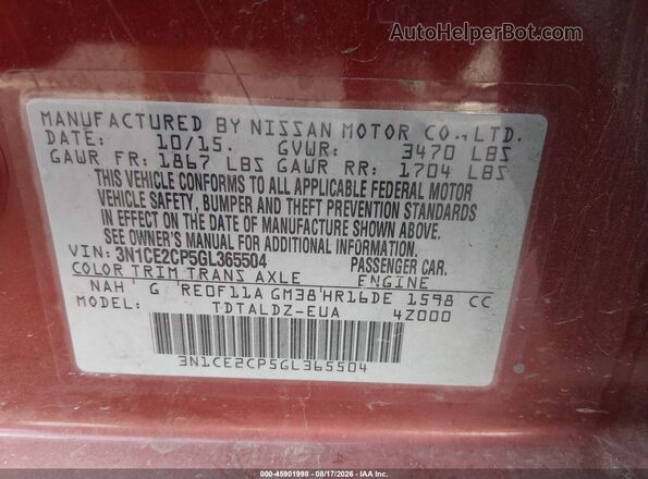 3N1CE2CP5GL365504 2016 NISSAN VERSA NOTE Red Вид підкапотного простору