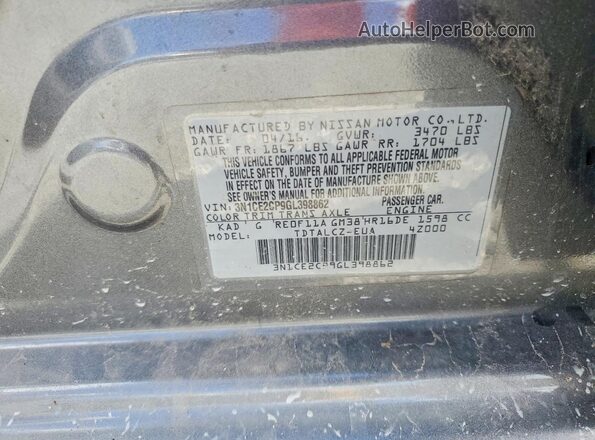 3N1CE2CP9GL398862 2016 NISSAN VERSA Серый Вид наклейки с VIN-кодом